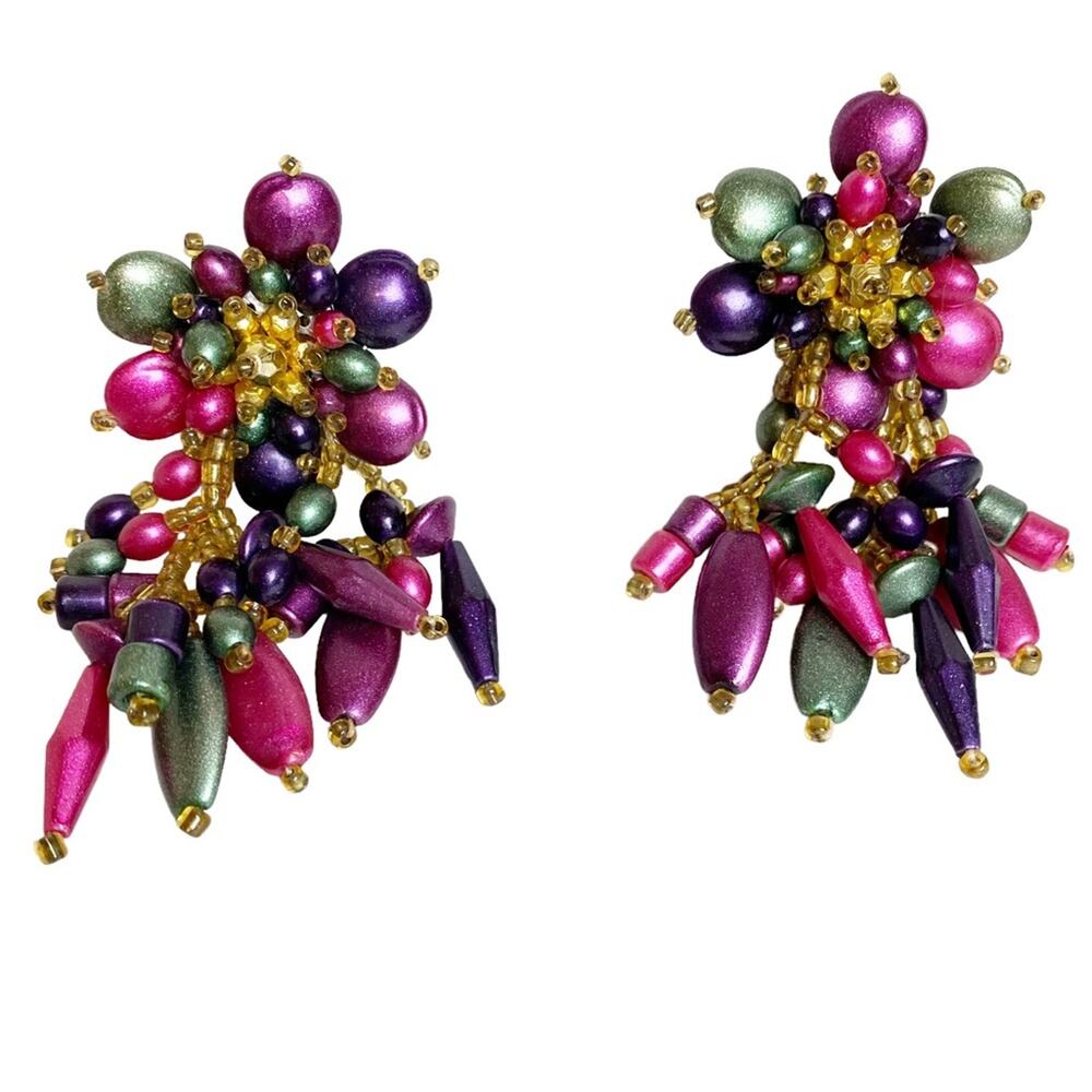 Vintage jewel tone chunky beaded floral clip statement earrings 2.25”x3.25”